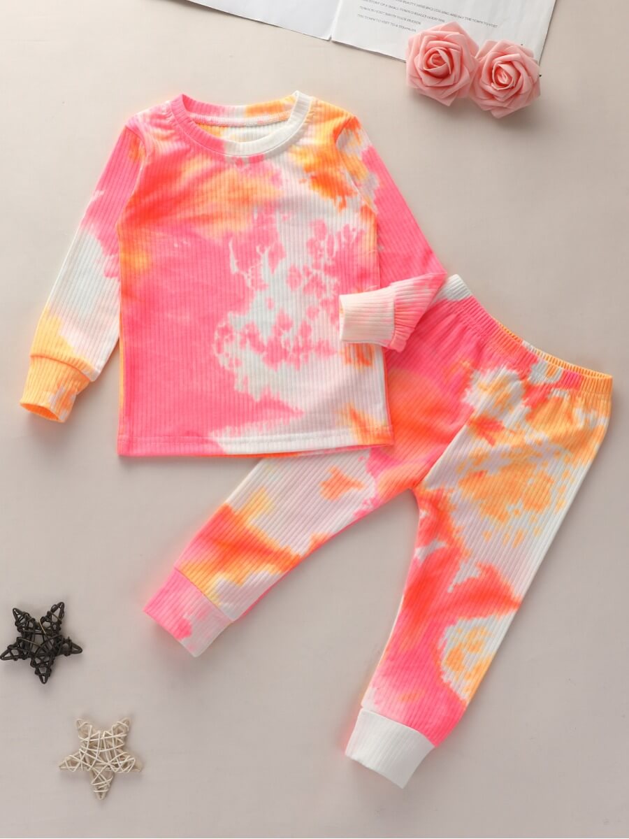 

Lovely Trendy O Neck Tie-dye Rose Red Girl Two-piece Pants Set