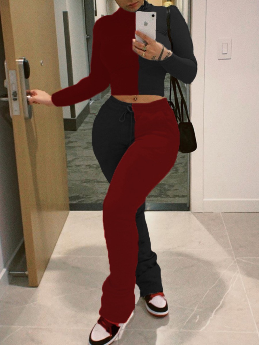 

Lovely Leisure Half A Turtleneck Patchwork Basic Red Two Piece Pants Set