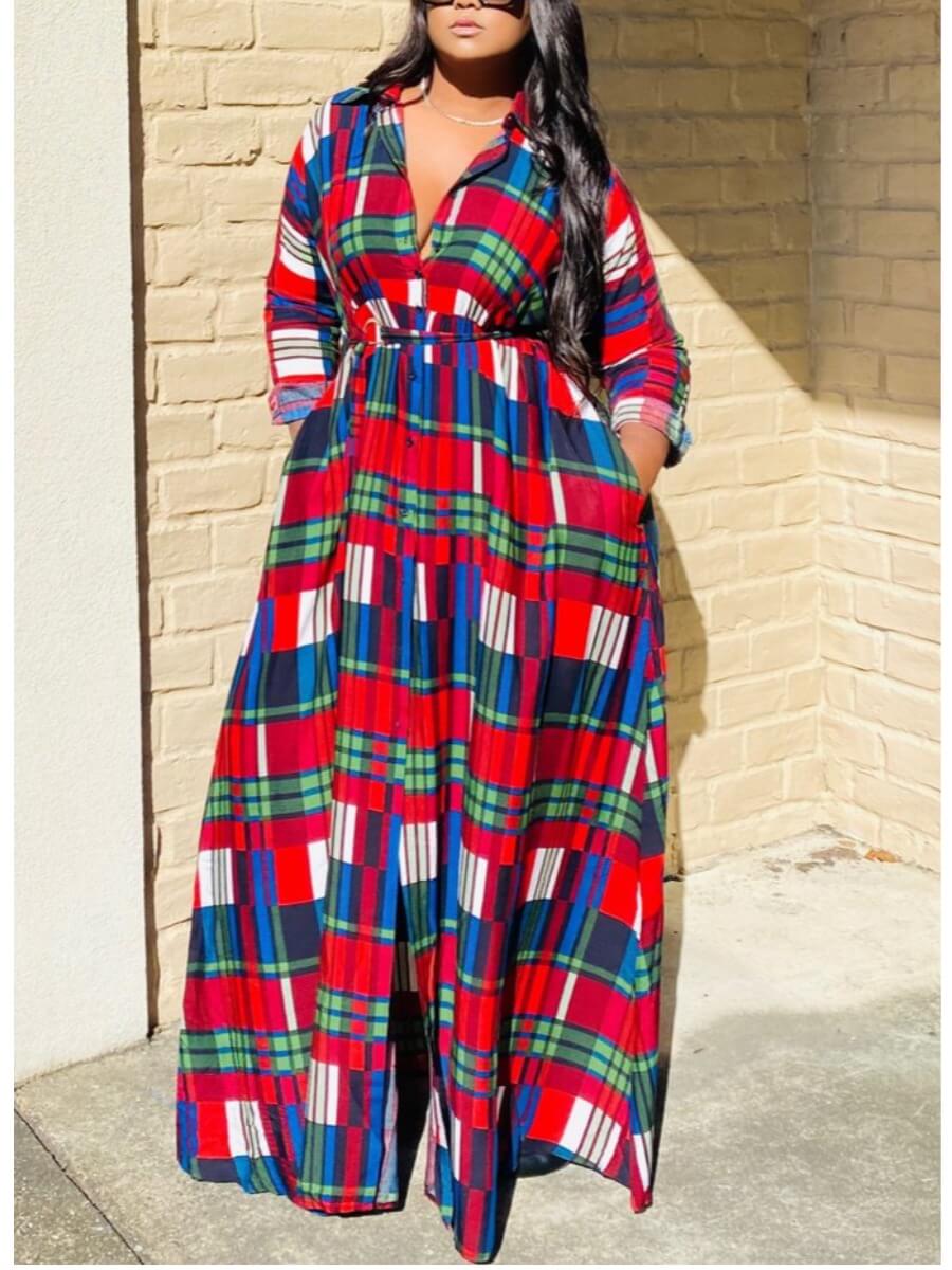 

Lovely Trendy Turndown Collar Grid Print Loose Red Maxi Dress