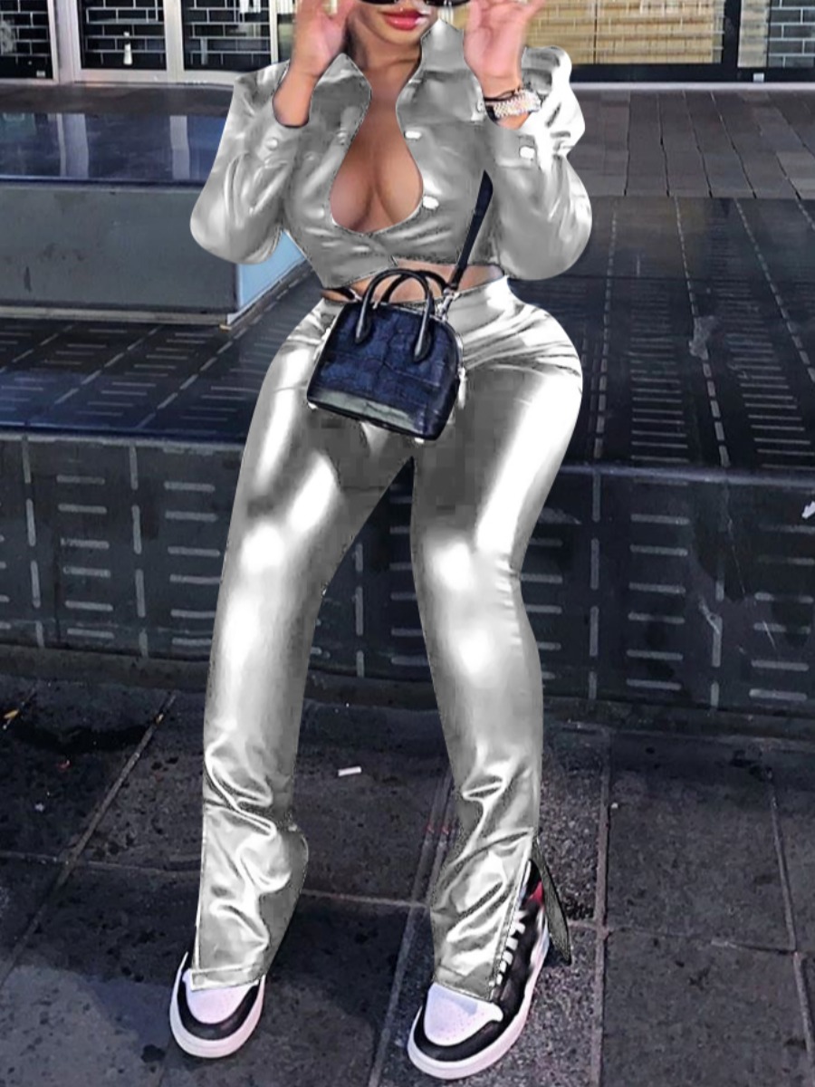 

lovely Street Turndown Collar Buttons Design Silver Two Piece Pants Set