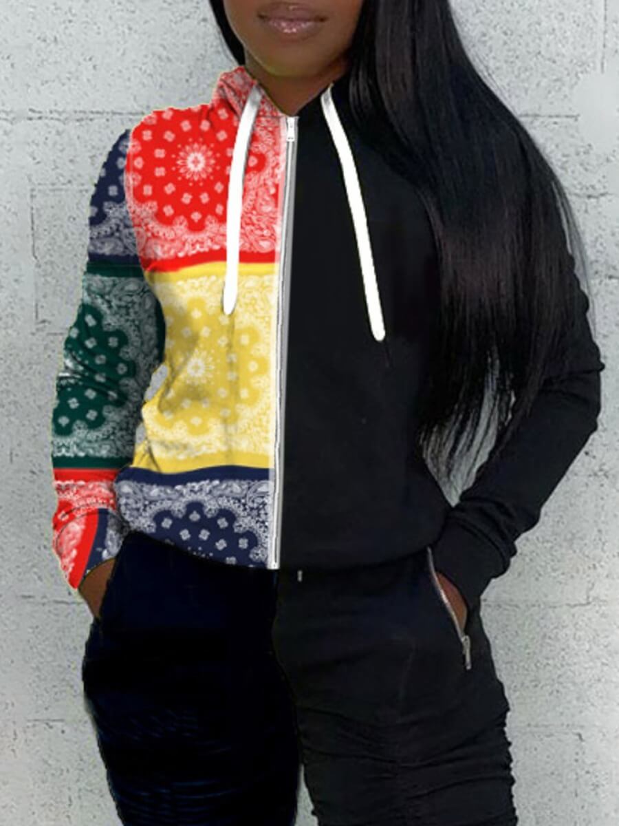 LW Hooded Collar Cashew Print Patchwork Hoodie