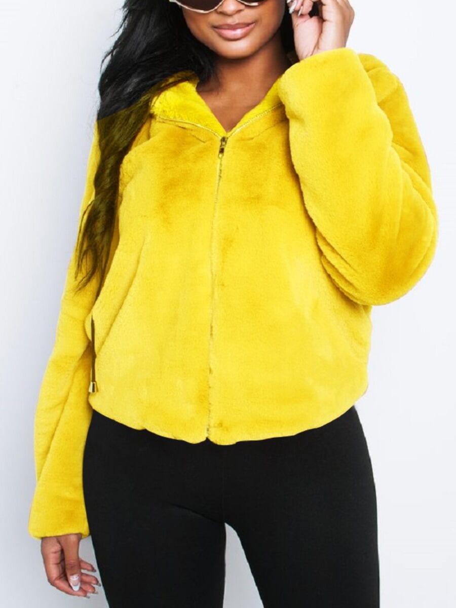

Lovely Casual Hooded Collar Zipper Design Yellow Faux Fur