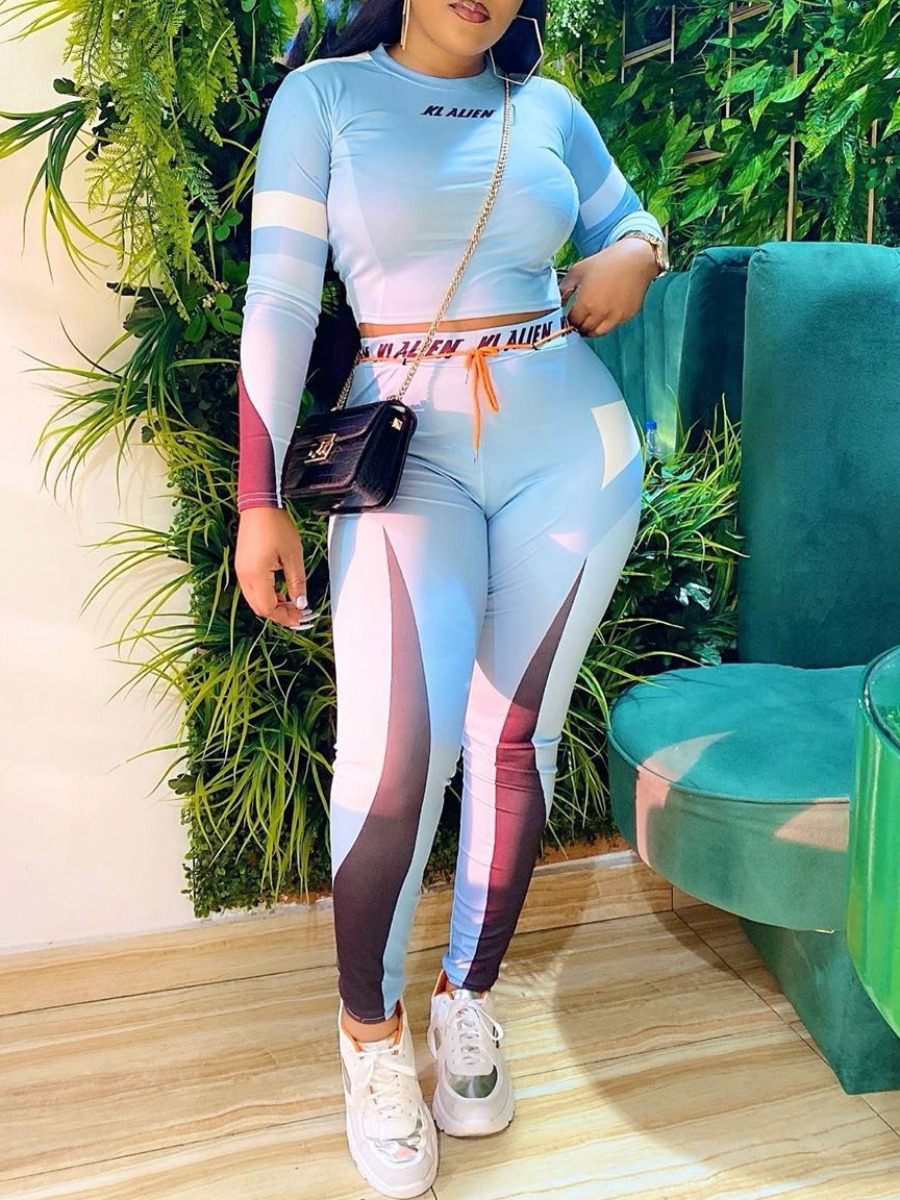 

lovely Sportswear O Neck Letter Print Patchwork Blue Two Piece Pants Set