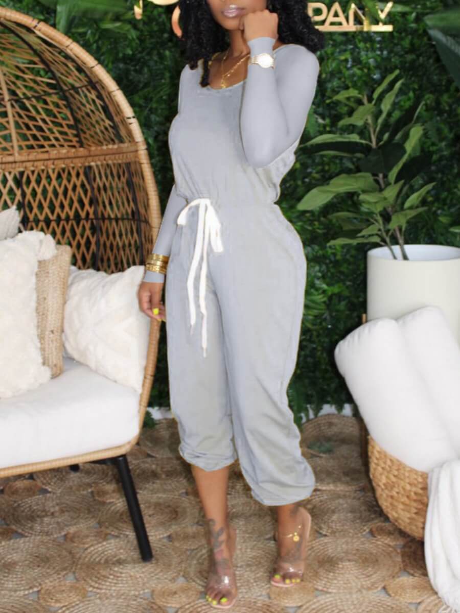 

Lovely Leisure O Neck Lace-up Grey One-piece Jumpsuit