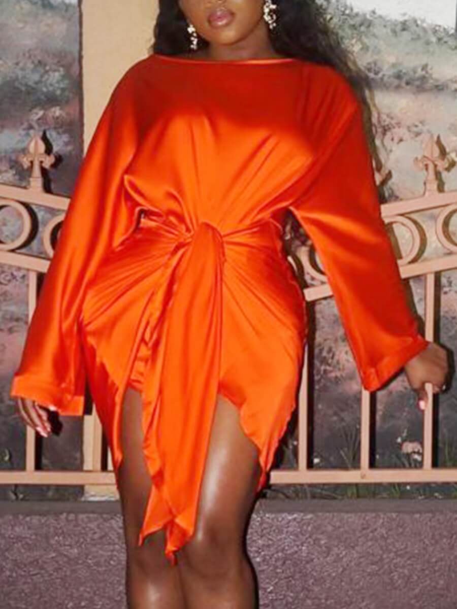 

LW SXY Trendy O Neck Lace-up Orange Knee Length Dress
