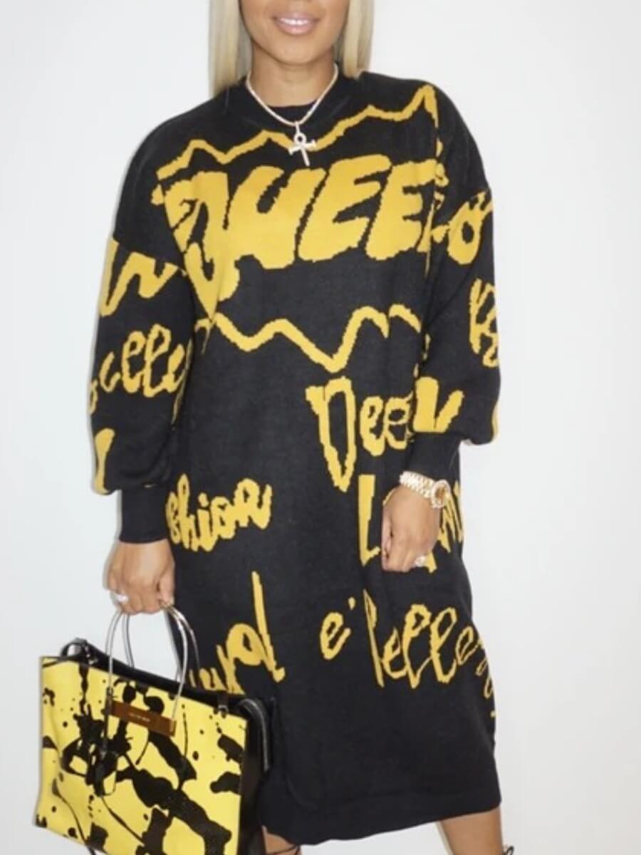 

LW BASICS Trendy O Neck Letter Print Black Mid Calf Dress