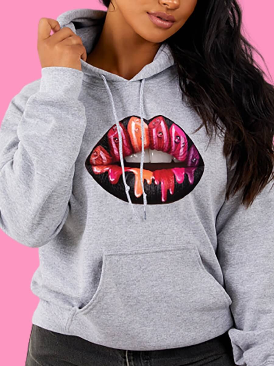 

Lovely Leisure Hooded Collar Lip Print Black Hoodie