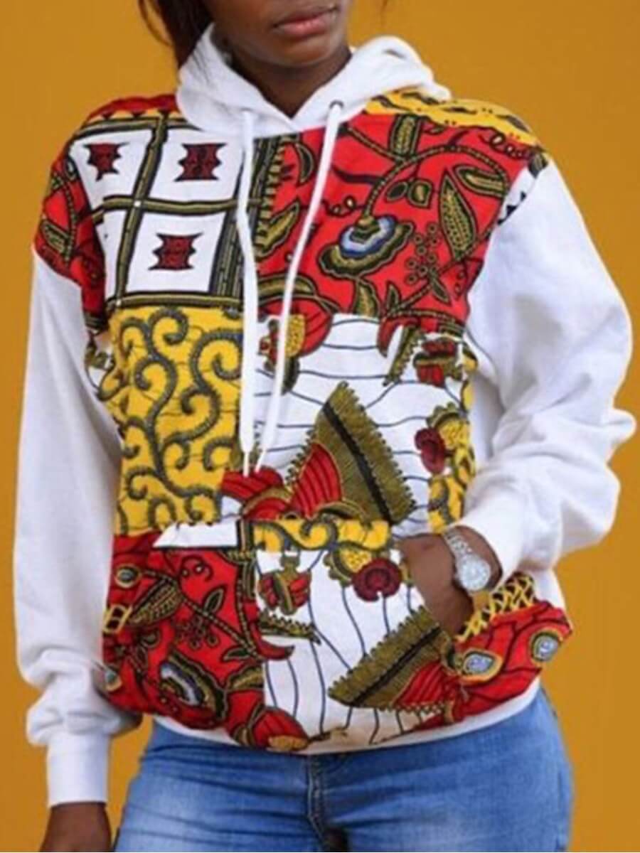 

Lovely Leisure Hooded Collar Print Patchwork White Hoodie