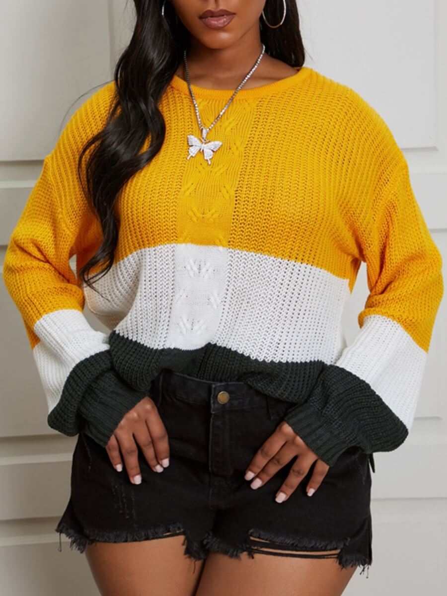 

Lovely Casual O Neck Striped Patchwork Yellow Sweater