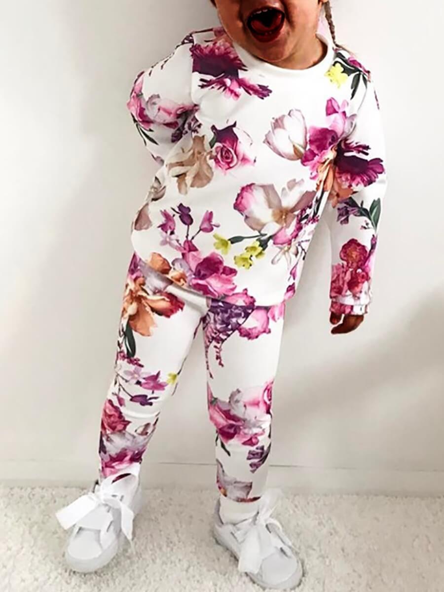 

Lovely Trendy O Neck Floral Print White Girl Two-piece Pants Set