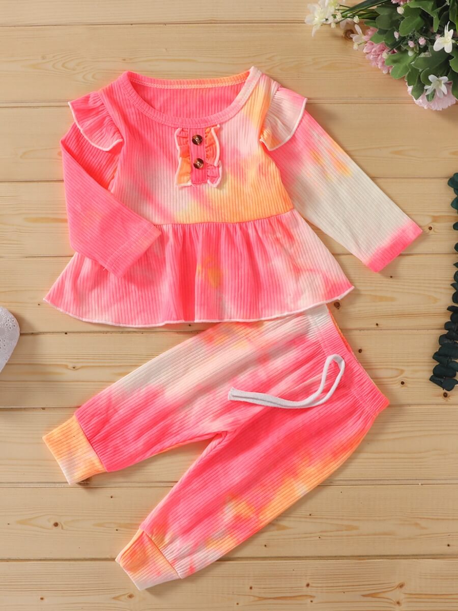 

Lovely Trendy O Neck Tie-dye Rose Red Girl Two-piece Pants Set
