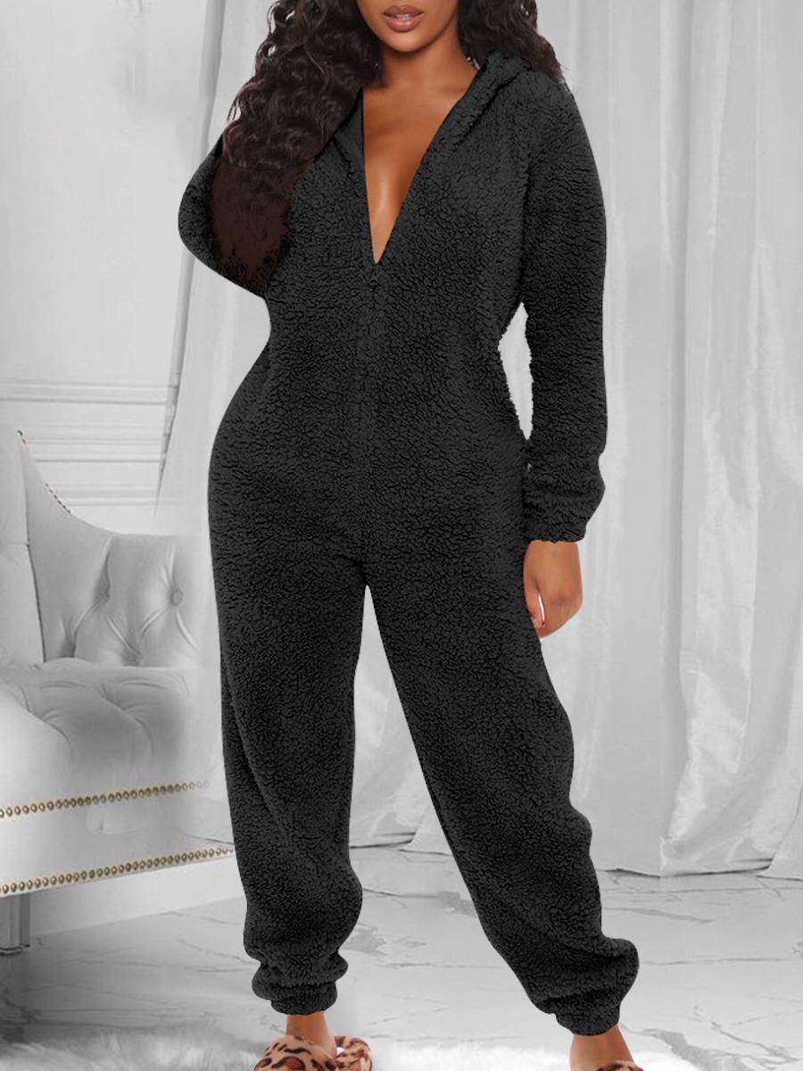 

Lovely Leisure Hooded Collar Zipper Design Black One-piece Jumpsuit