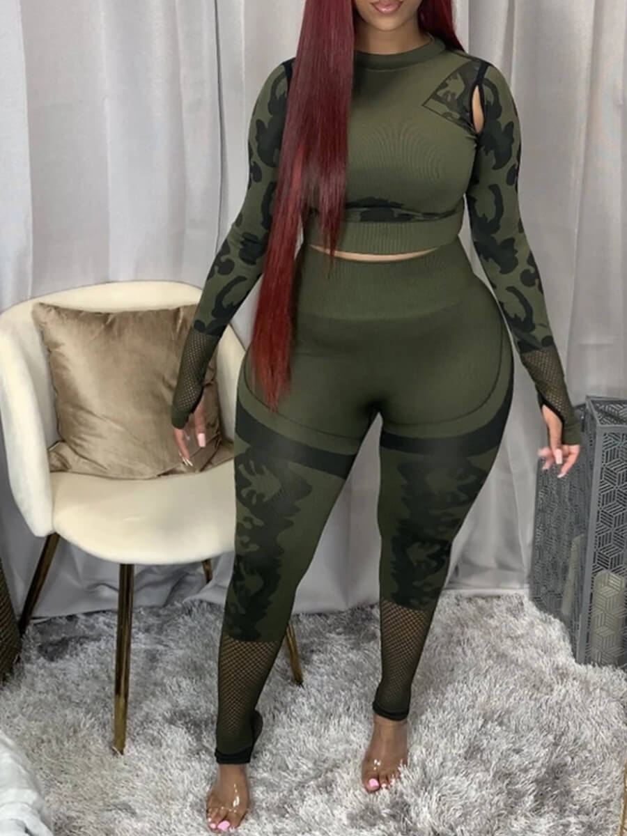

Lovely Trendy O Neck Print Skinny Green Plus Size Two-piece Pants Set