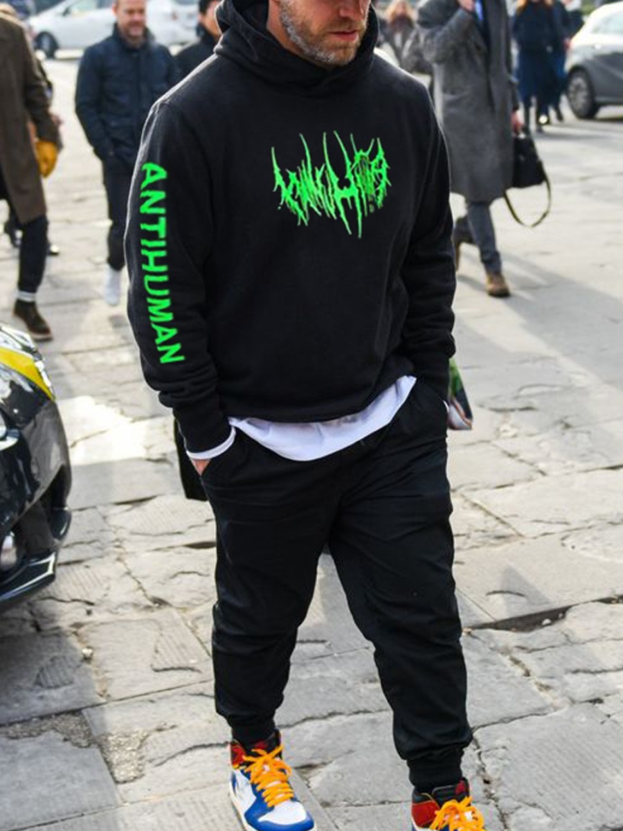 

lovely Casual Hooded Collar Print Black Men Two-piece Pants Set