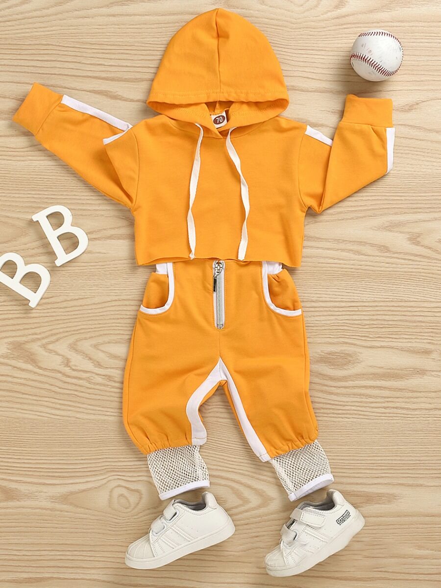 

Lovely Sportswear Hooded Collar Patchwork Yellow Girl Two-piece Pants Set