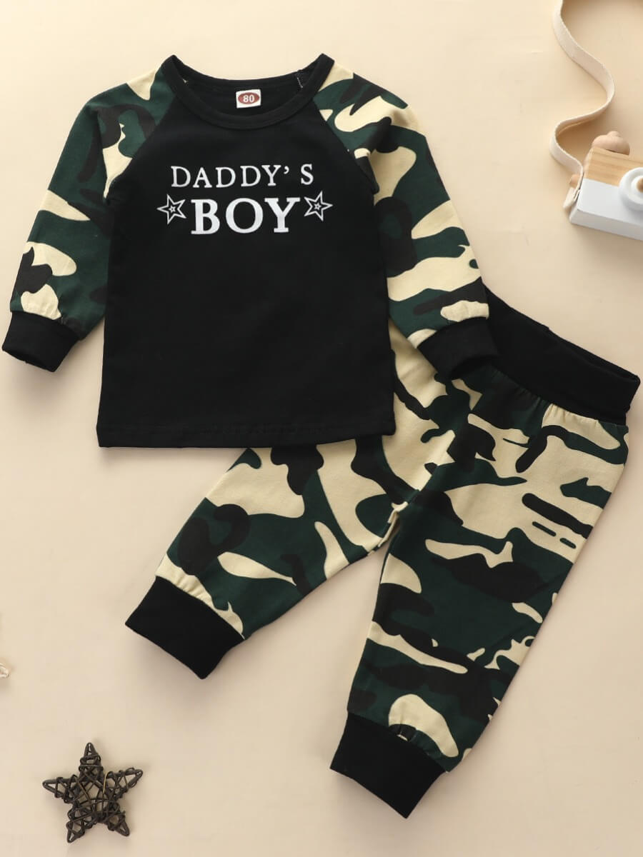 

Lovely Casual O Neck Camo Print Patchwork Army Green Boy Two-piece Pants Se