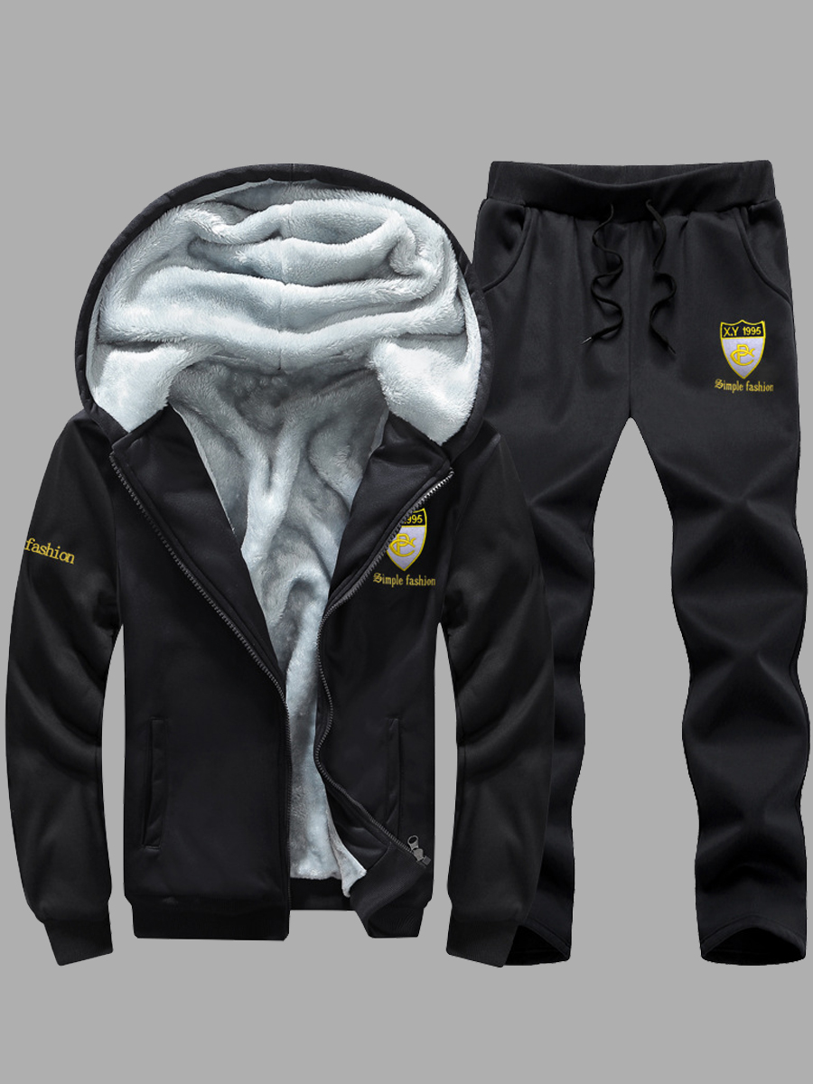 

Lovely Casual Hooded Collar Print Zipper Design Black Men Two-piece Pants Set