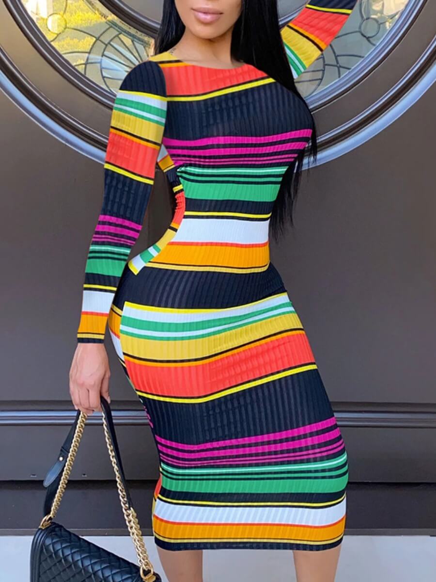 

Lovely Trendy O Neck Rainbow Striped Multicolor Mid Calf Dress, Multi