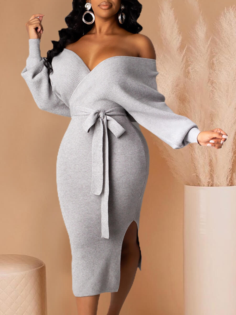 

Lovely Trendy Backless Lace-up Grey Mid Calf Dress