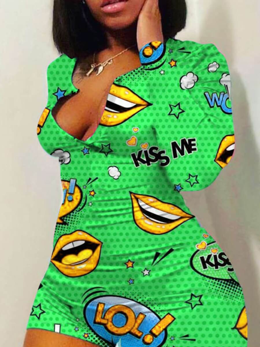 

Lovely Plus Size Leisure Lip Print Green One-piece Romper