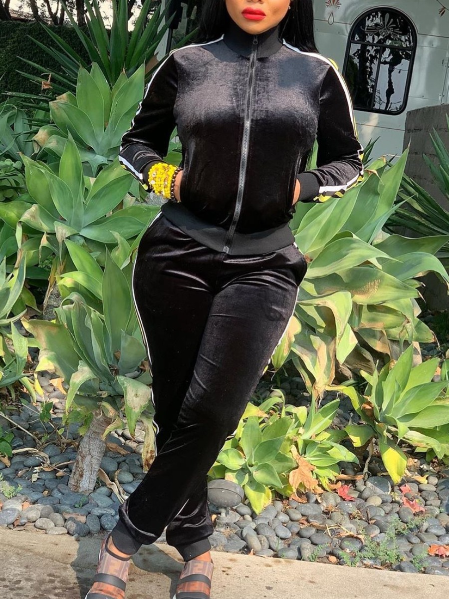 

Lovely Leisure Patchwork Zipper Design Black Two Piece Pants Set