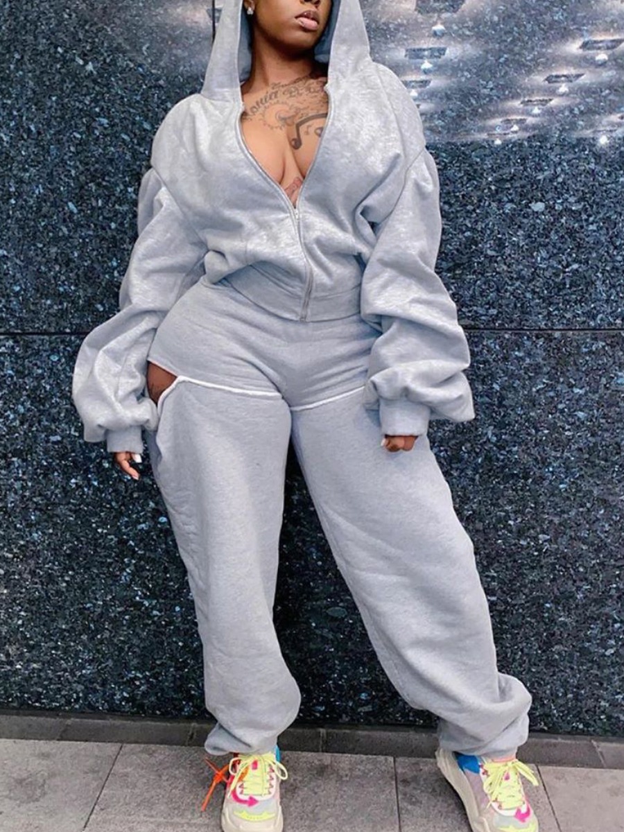 

Lovely Casual Hooded Collar Hollow-out Grey Two Piece Pants Set