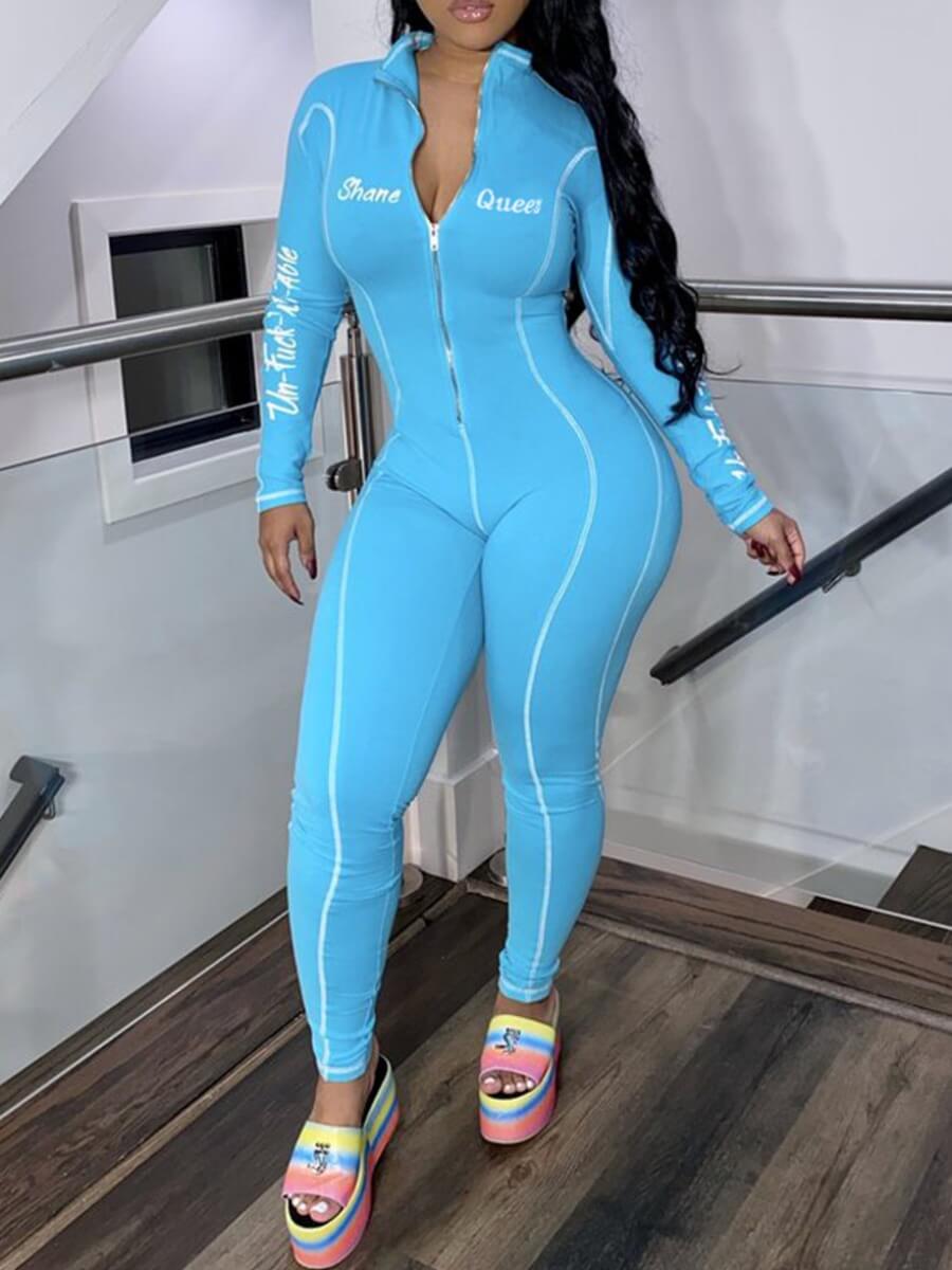 

Lovely Sportswear Letter Print Zipper Design Blue One-piece Jumpsuit