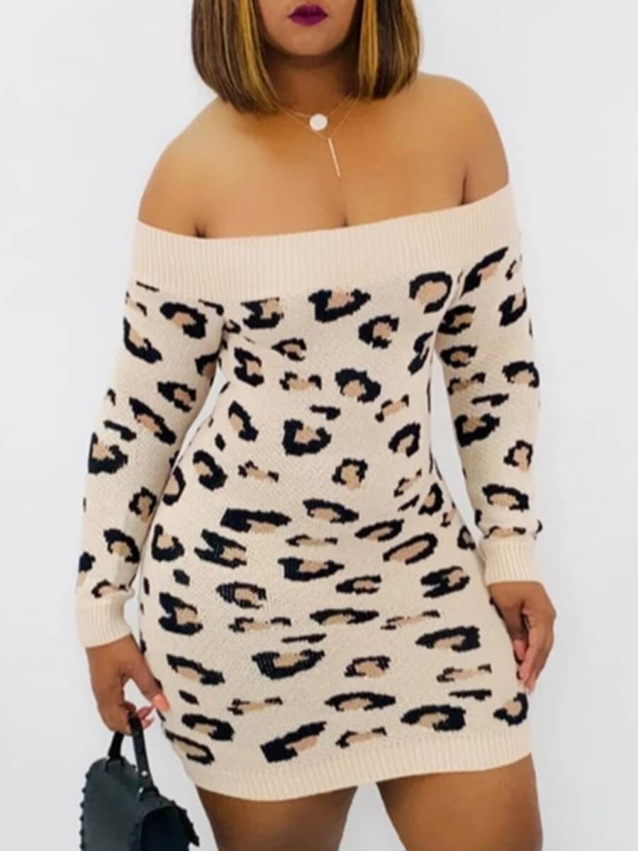 

Lovely Stylish Dew Shoulder Leopard Print Khaki Mini Dress
