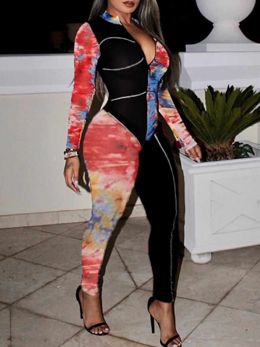 

Lovely Stylish Tie-dye Patchwork Black One-piece Jumpsuit