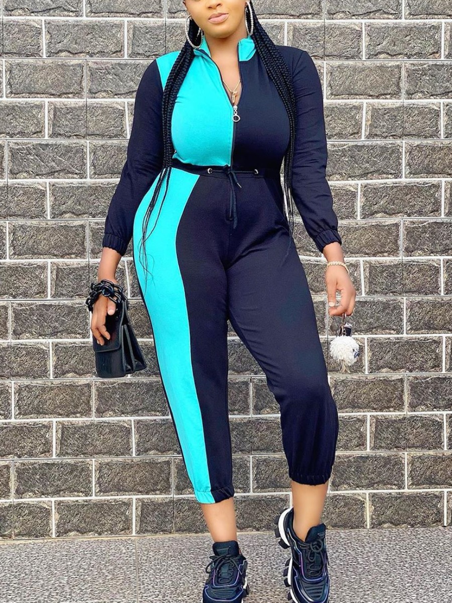 

Lovely Stylish Patchwork Zipper Design Black One-piece Jumpsuit