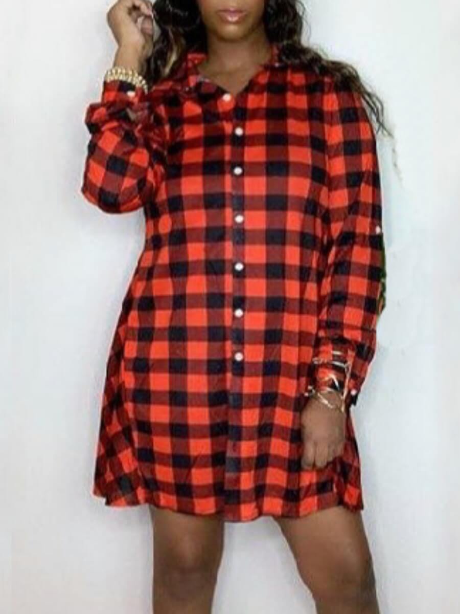 

Lovely Casual Turndown Collar Grid Print Red Mini Shirt Dress