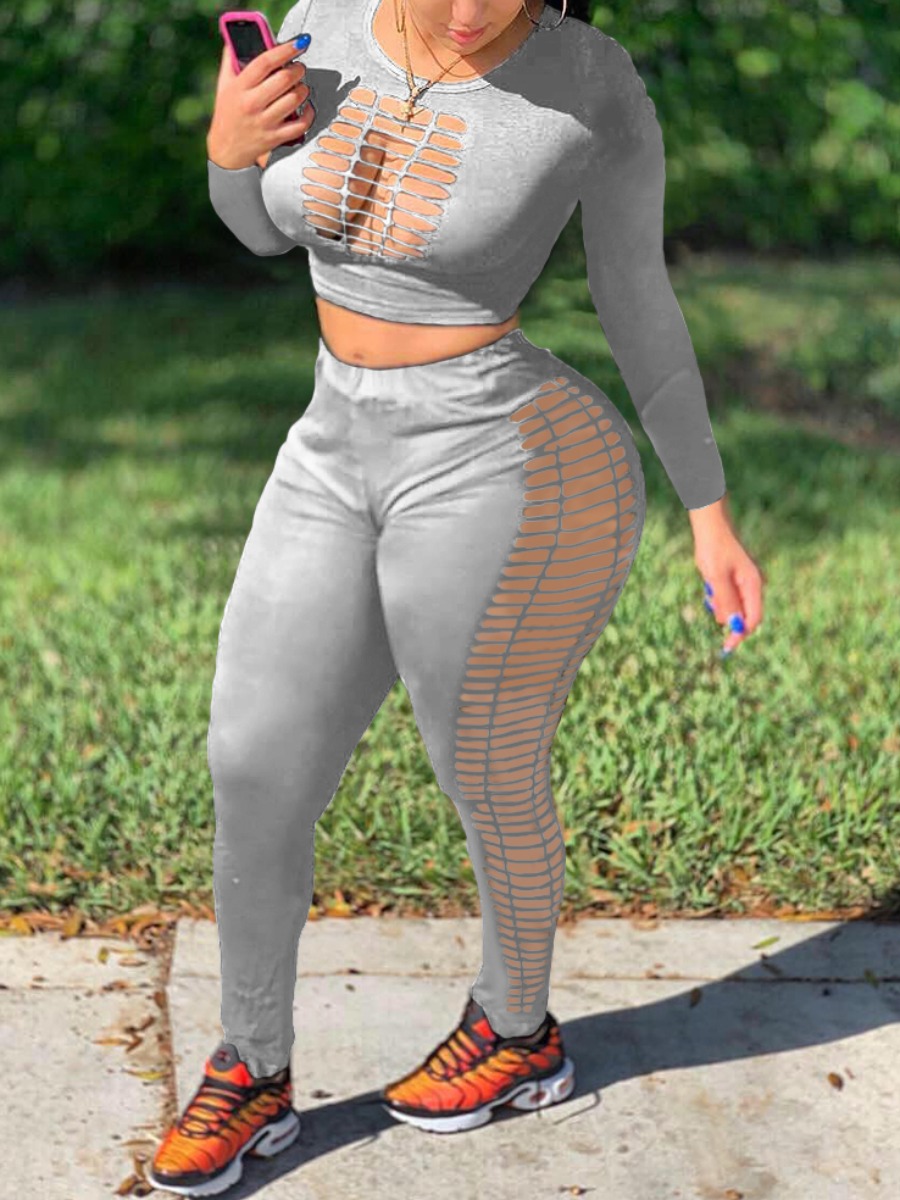 

Lovely Sexy Hollow-out Grey Two Piece Pants Set