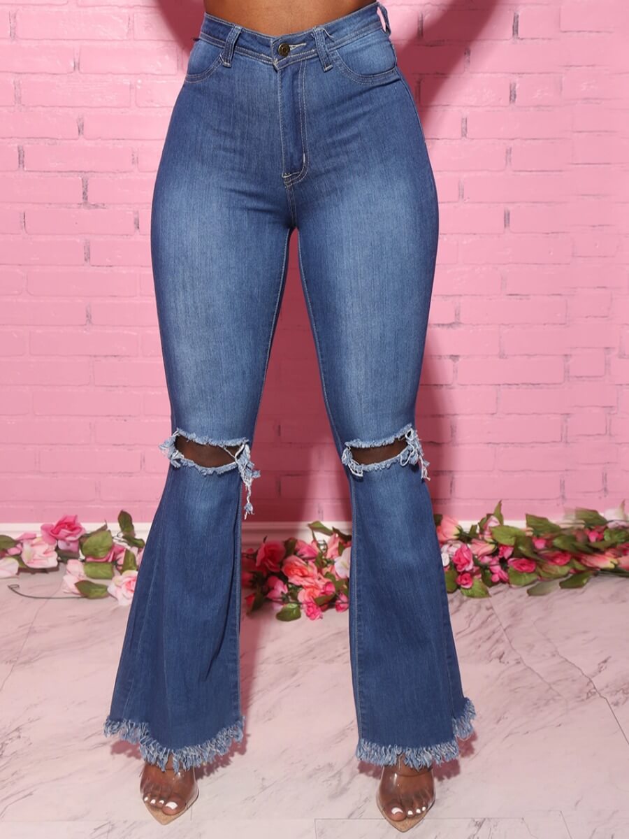 

Lovely Trendy Hollow-out Flared Blue Jeans