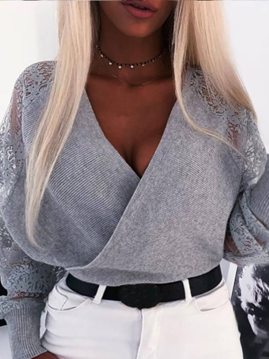 

Lovely Stylish V Neck Lace Patchwork Grey Sweater