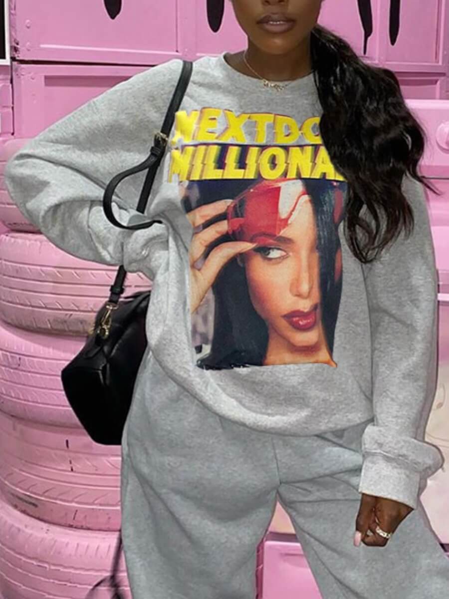 

Lovely Casual O Neck Print Grey Hoodie