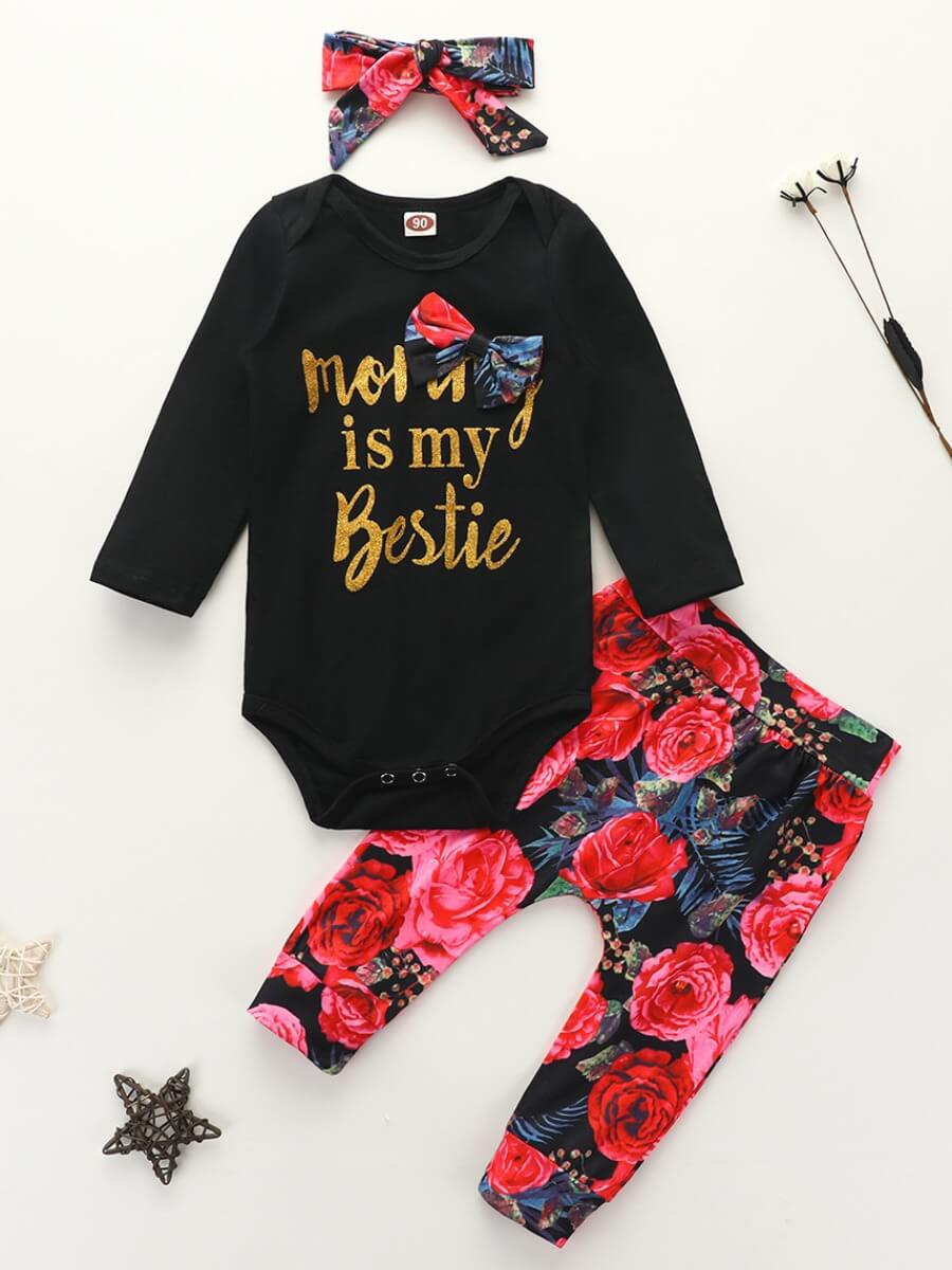

Lovely Stylish O Neck Print Black Girl Two-piece Pants Set