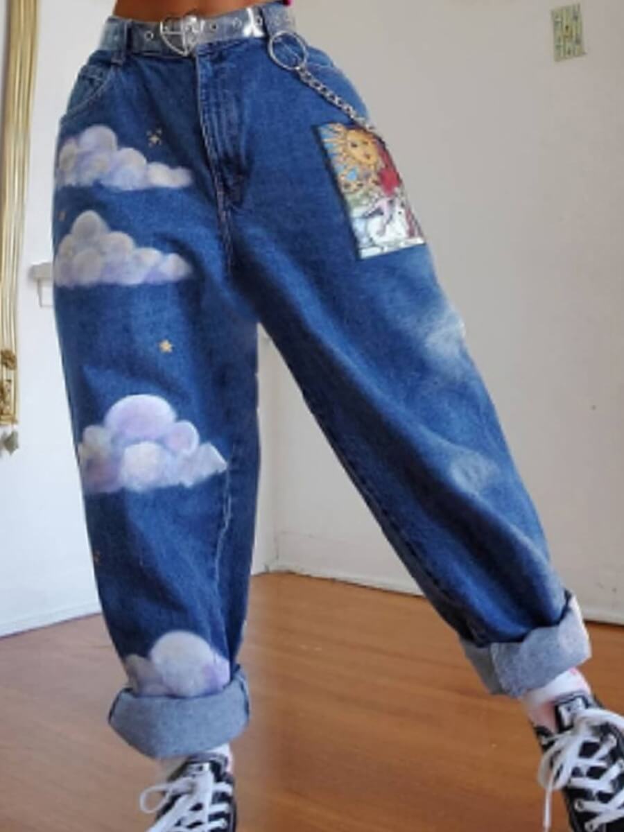 

Lovely Chic Print Loose Blue Jeans