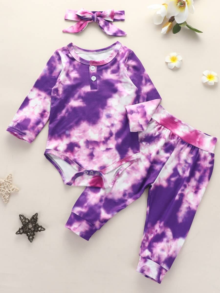

Lovely Stylish O Neck Tie-dye Violet Girl Two-piece Pants Set
