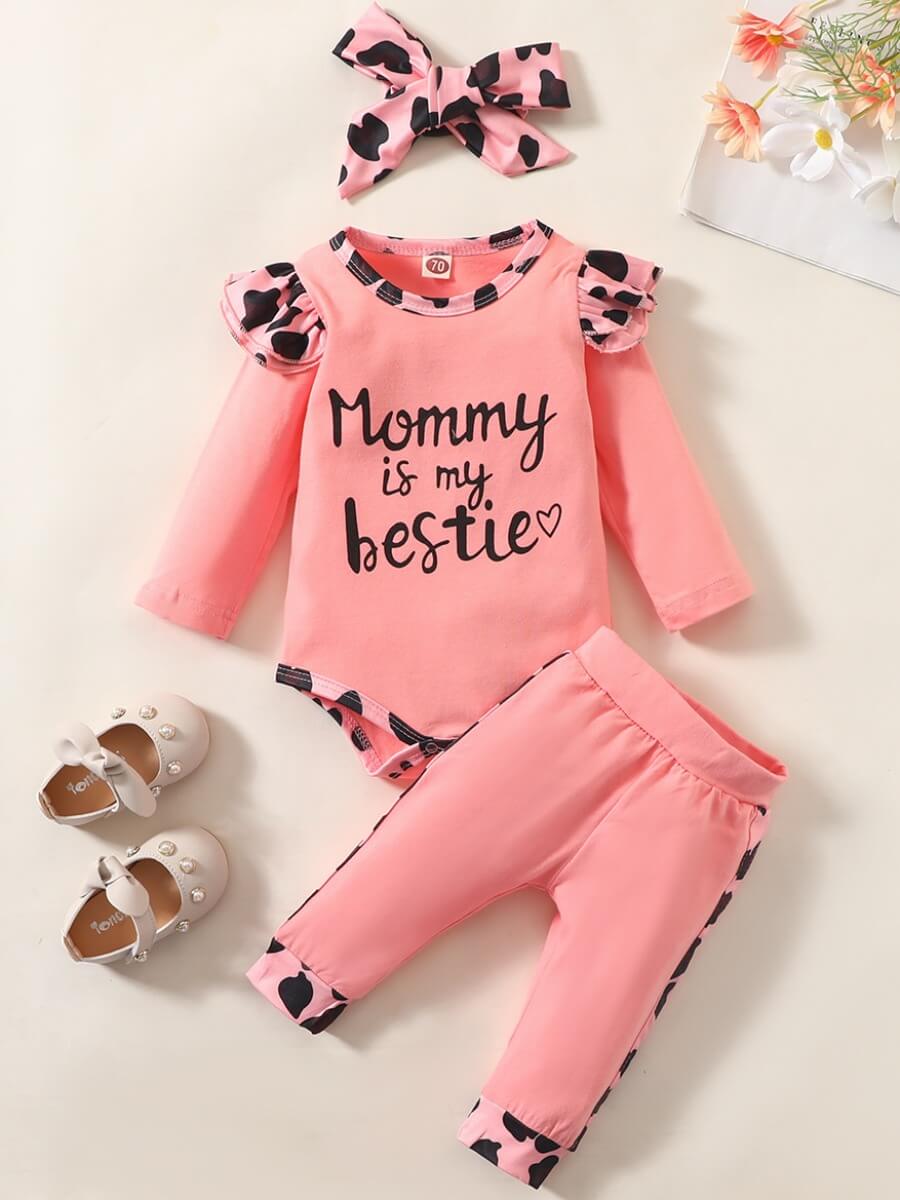 

Lovely Stylish O Neck Letter Print Pink Girl Two-piece Pants Set