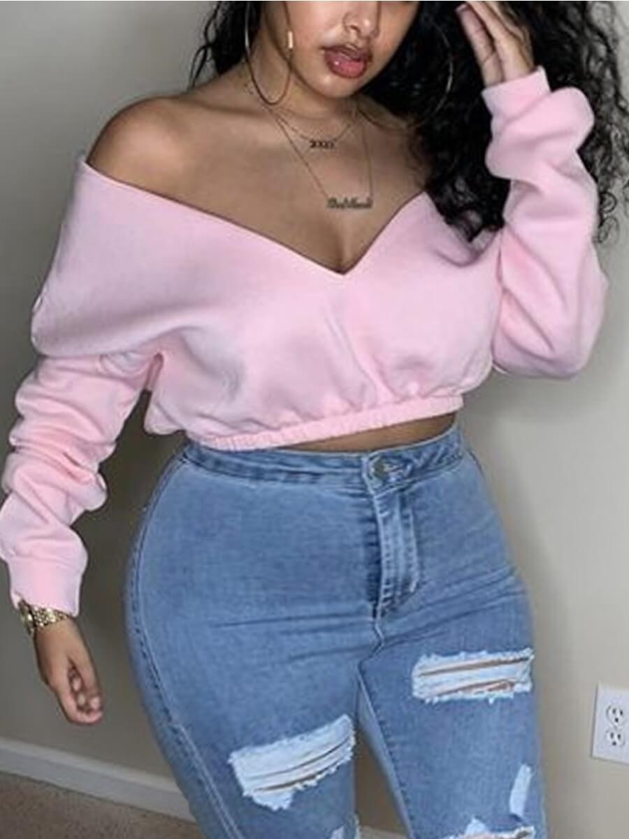 

Lovely Plus Size Leisure V Neck Basic Light Pink Short Hoodie