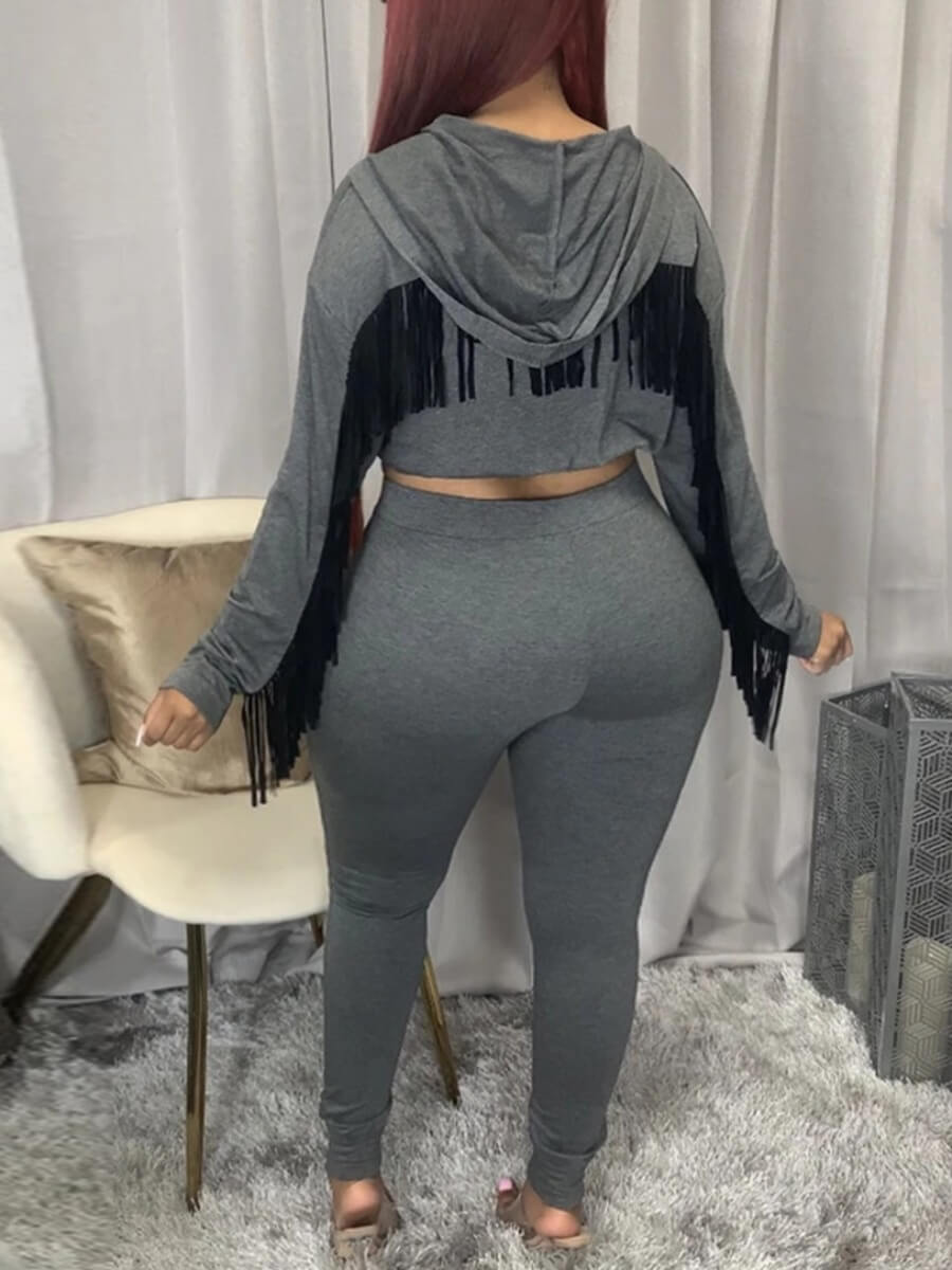 

Lovely Casual Hooded Collar Tassel Design Grey Plus Size Two-piece Pants Set