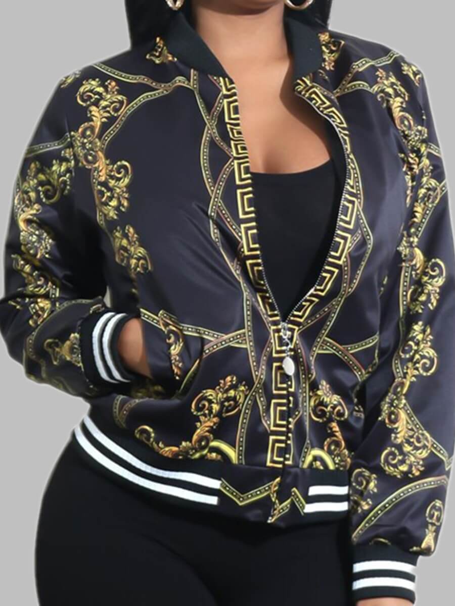 

Lovely Casual Versace Print Zipper Design Black Coat