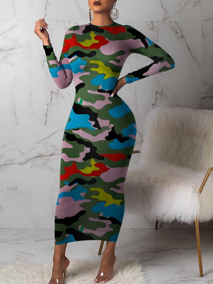 

Lovely Casual O Neck Camo Print Multicolor Ankle Length Dress, Multi