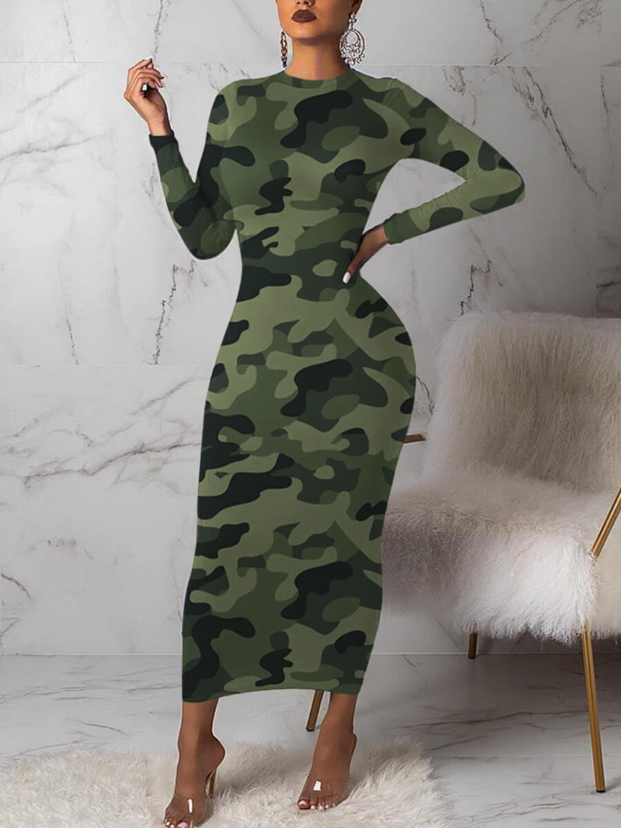 

Lovely Casual O Neck Camo Print Green Ankle Length Dress