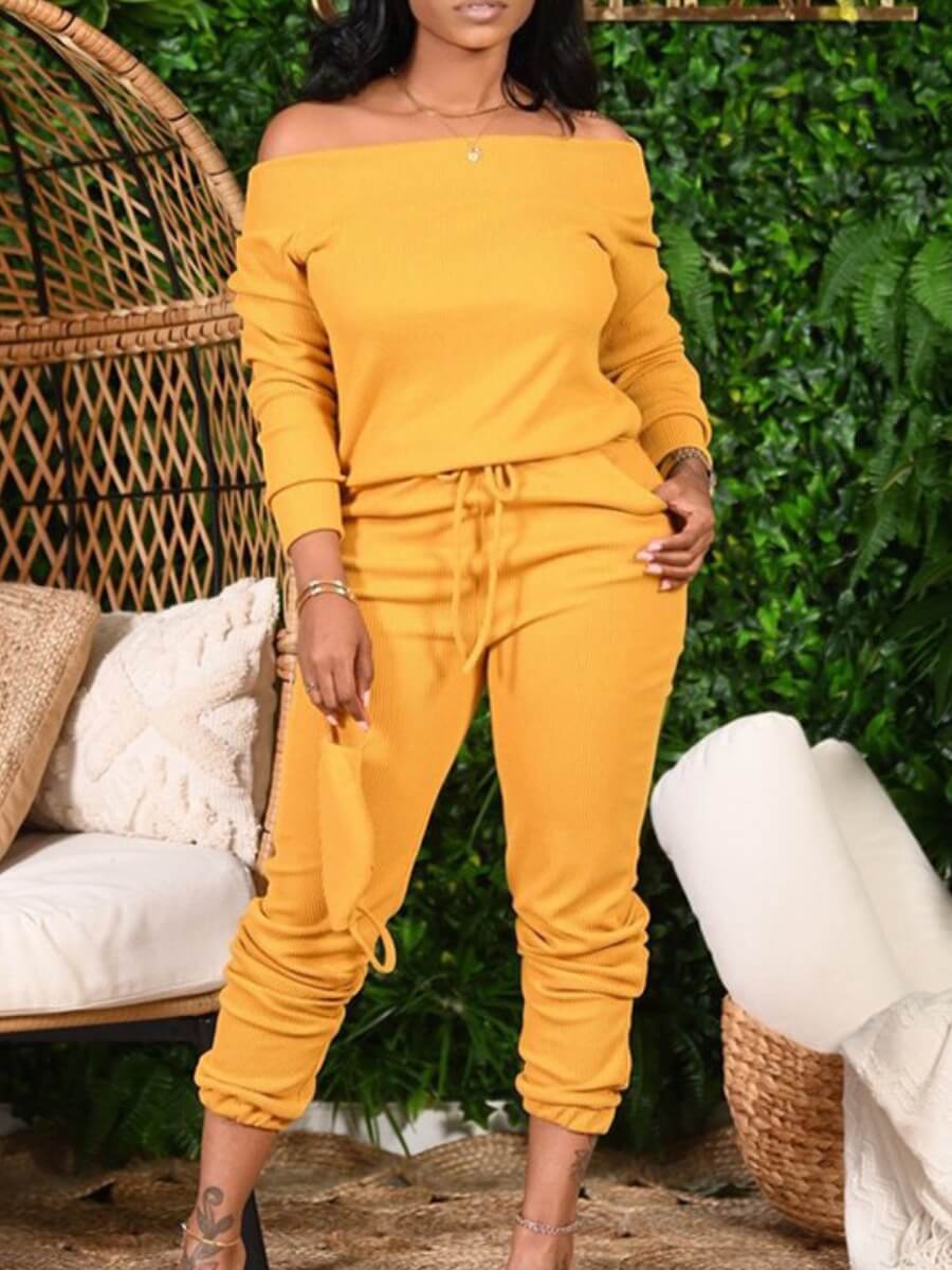 

Lovely Leisure Dew Shoulder Drawstring Yellow Two Piece Pants Set