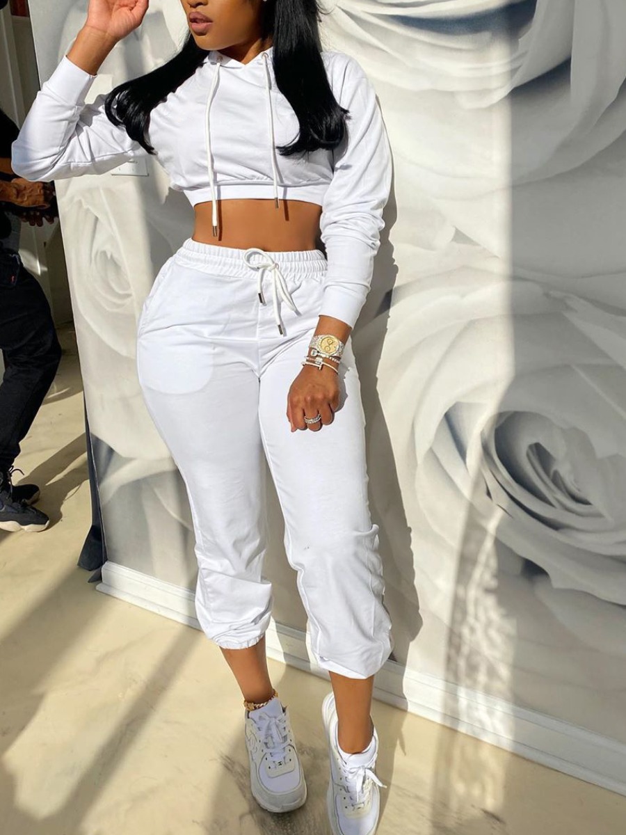 

Lovely Casual Hooded Collar Basic White Two Piece Pants Set
