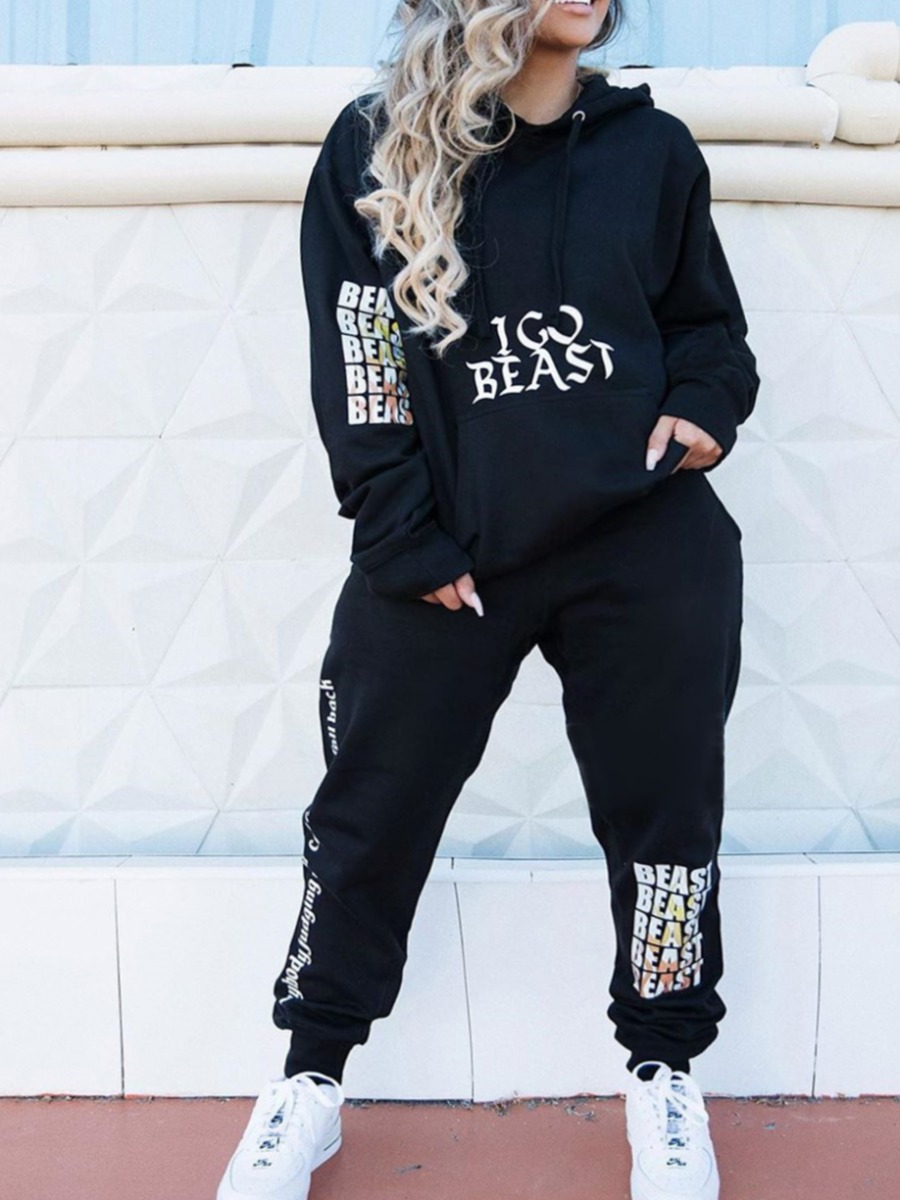 

Lovely Street Hooded Collar Letter Print Black Two Piece Pants Set