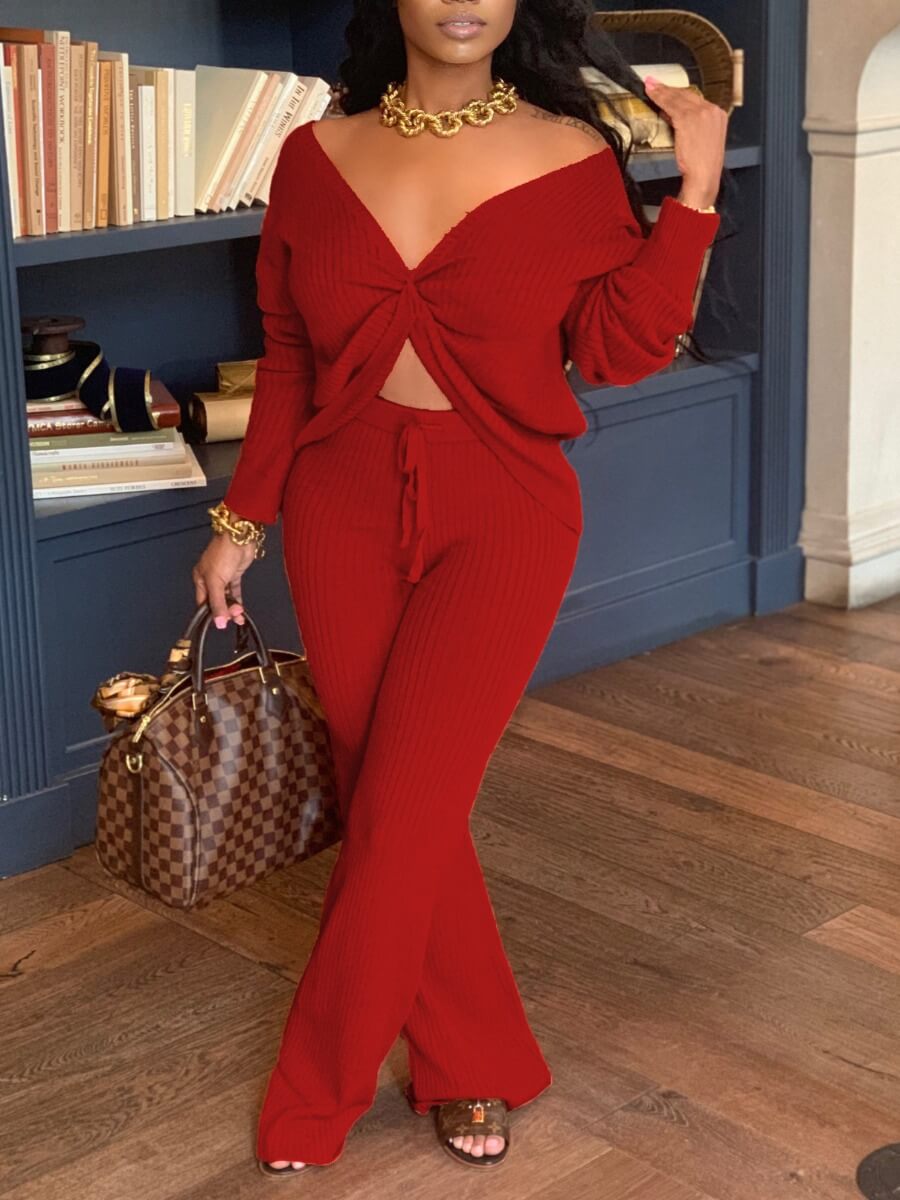 

Lovely Street V Neck Knot Design Wine Red Two Piece Pants Set