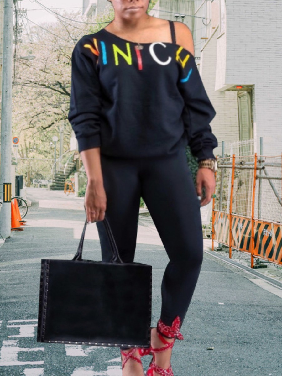 

Lovely Casual O Neck Letter Print Black Two Piece Pants Set