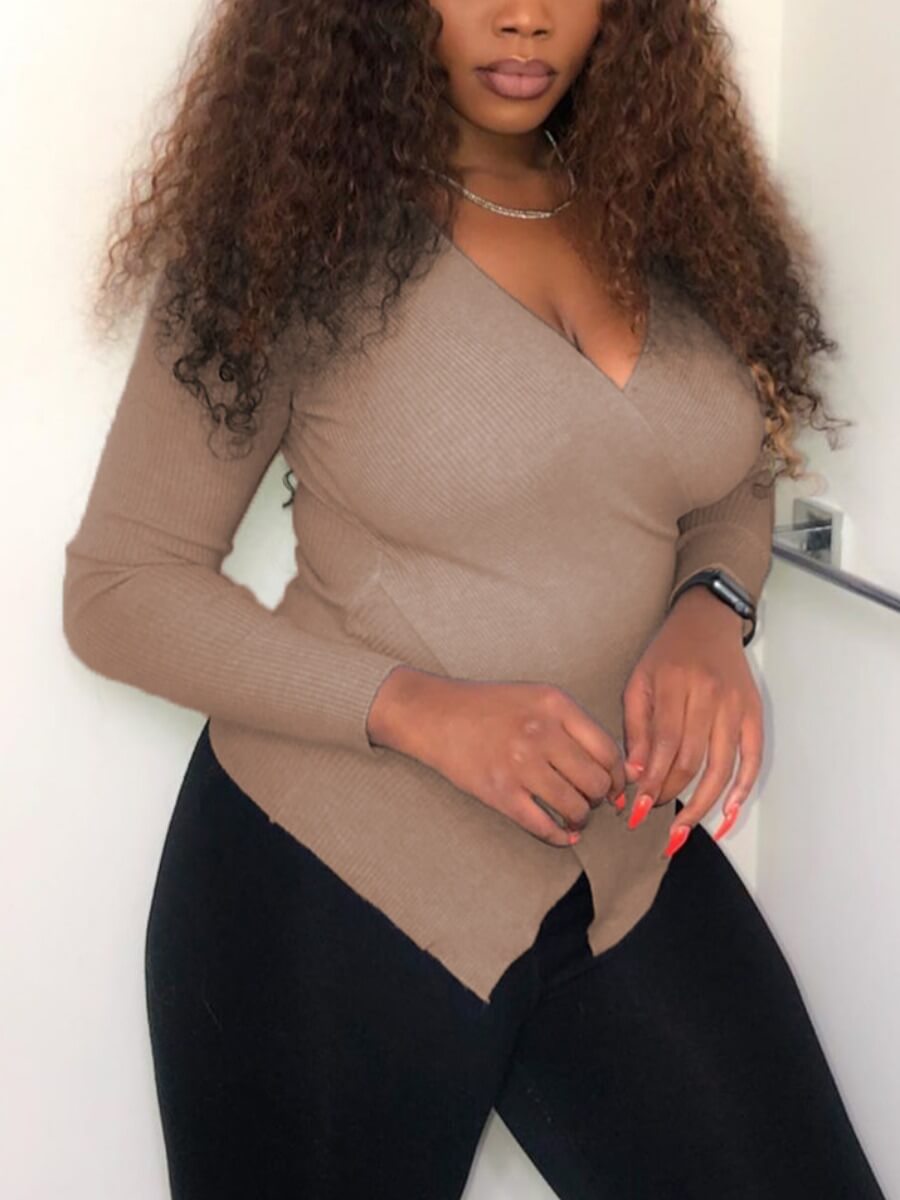 

Lovely Trendy V Neck Asymmetrical Khaki Sweater
